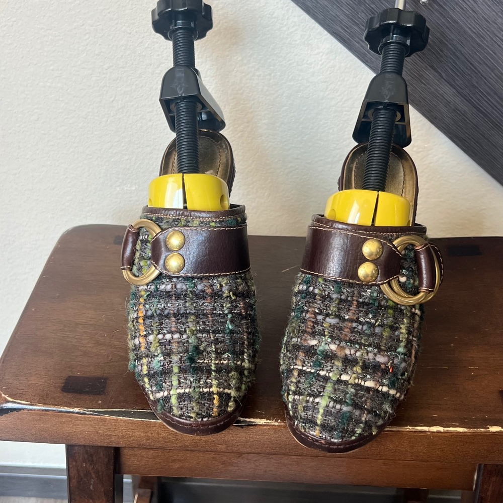 Coach Women's Tweed Mule Heels Brown Multicolor Buckle Slides Size 9B Y2K Chic - Picture 3 of 11